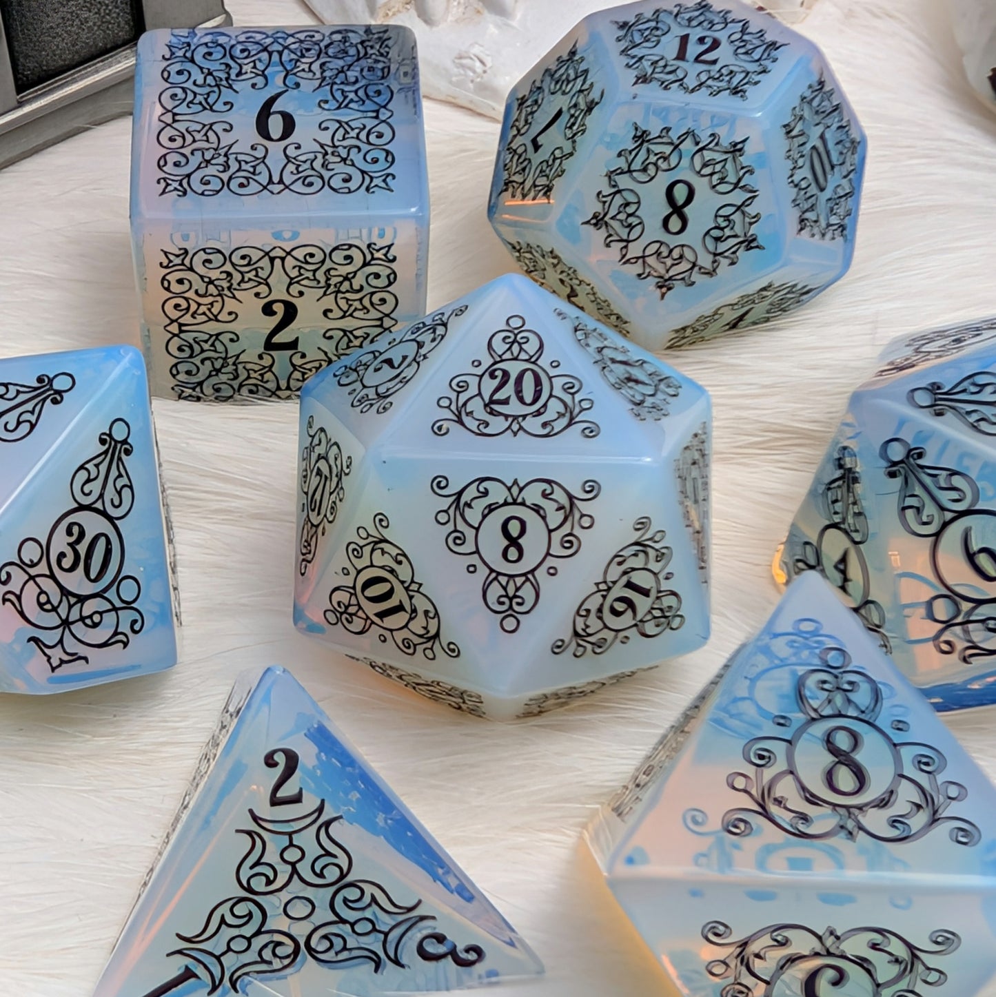 Garden Gate Opalite Gemstone DnD Dice with Black Font | Fennek & Finch