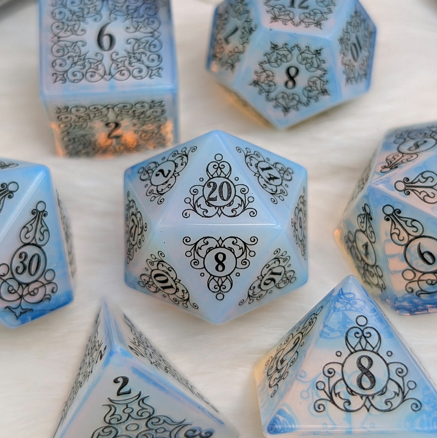 Garden Gate Opalite Gemstone DnD Dice with Black Font | Fennek & Finch