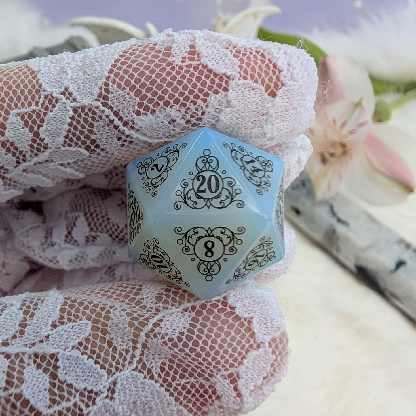 Garden Gate Opalite Gemstone DnD Dice with Black Font | Fennek & Finch