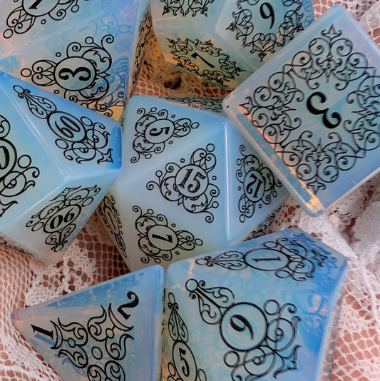 Garden Gate Opalite Gemstone DnD Dice with Black Font | Fennek & Finch