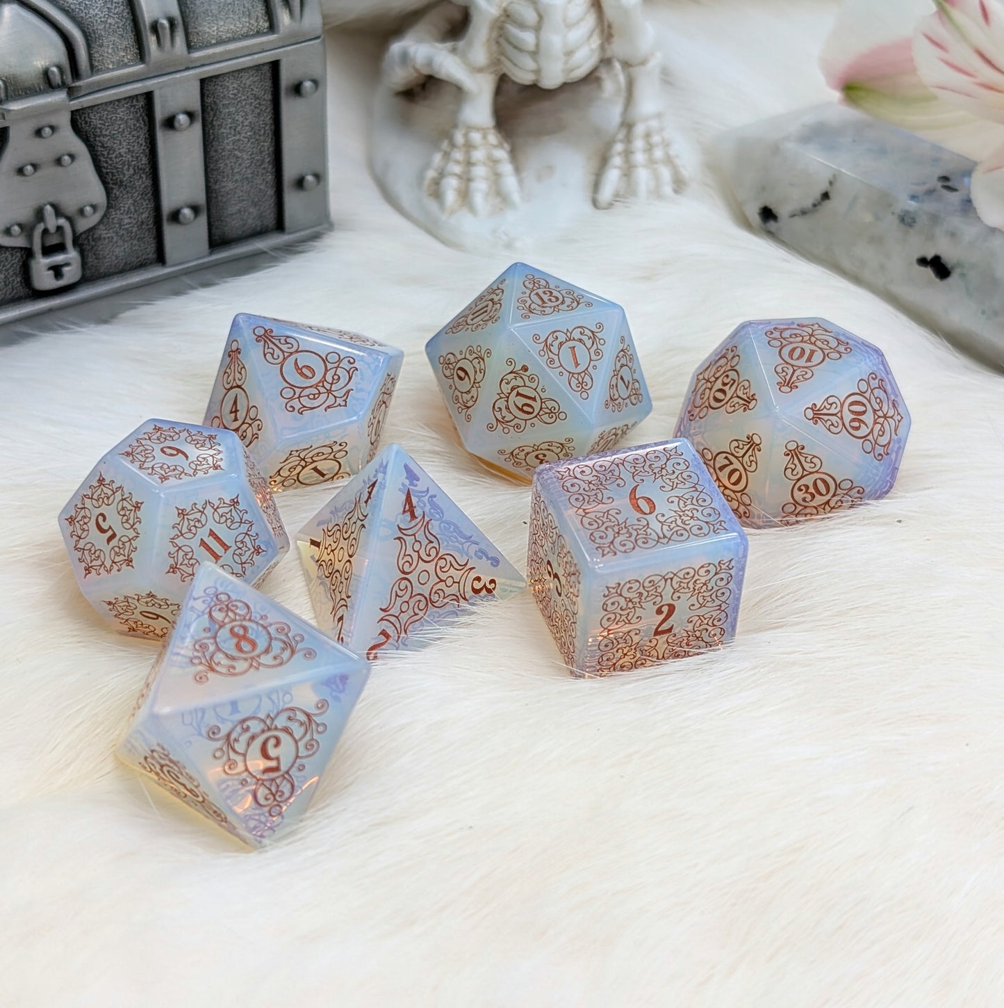 Garden Gate Opalite Gemstone DnD Dice with Copper Font | Fennek & Finch