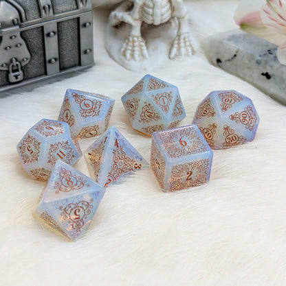Garden Gate Opalite Gemstone DnD Dice with Copper Font | Fennek & Finch
