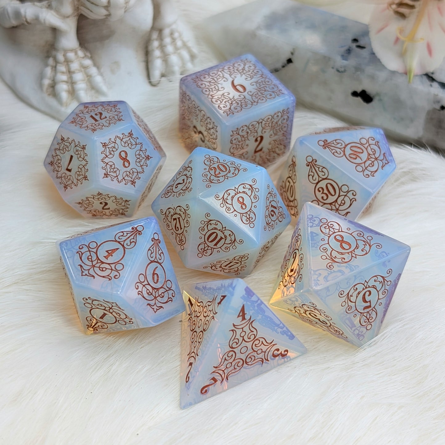Garden Gate Opalite Gemstone DnD Dice with Copper Font | Fennek & Finch