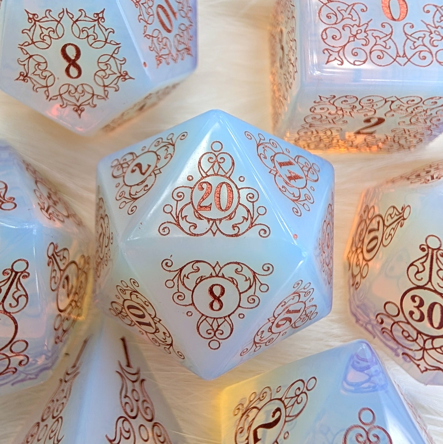 Garden Gate Opalite Gemstone DnD Dice with Copper Font | Fennek & Finch