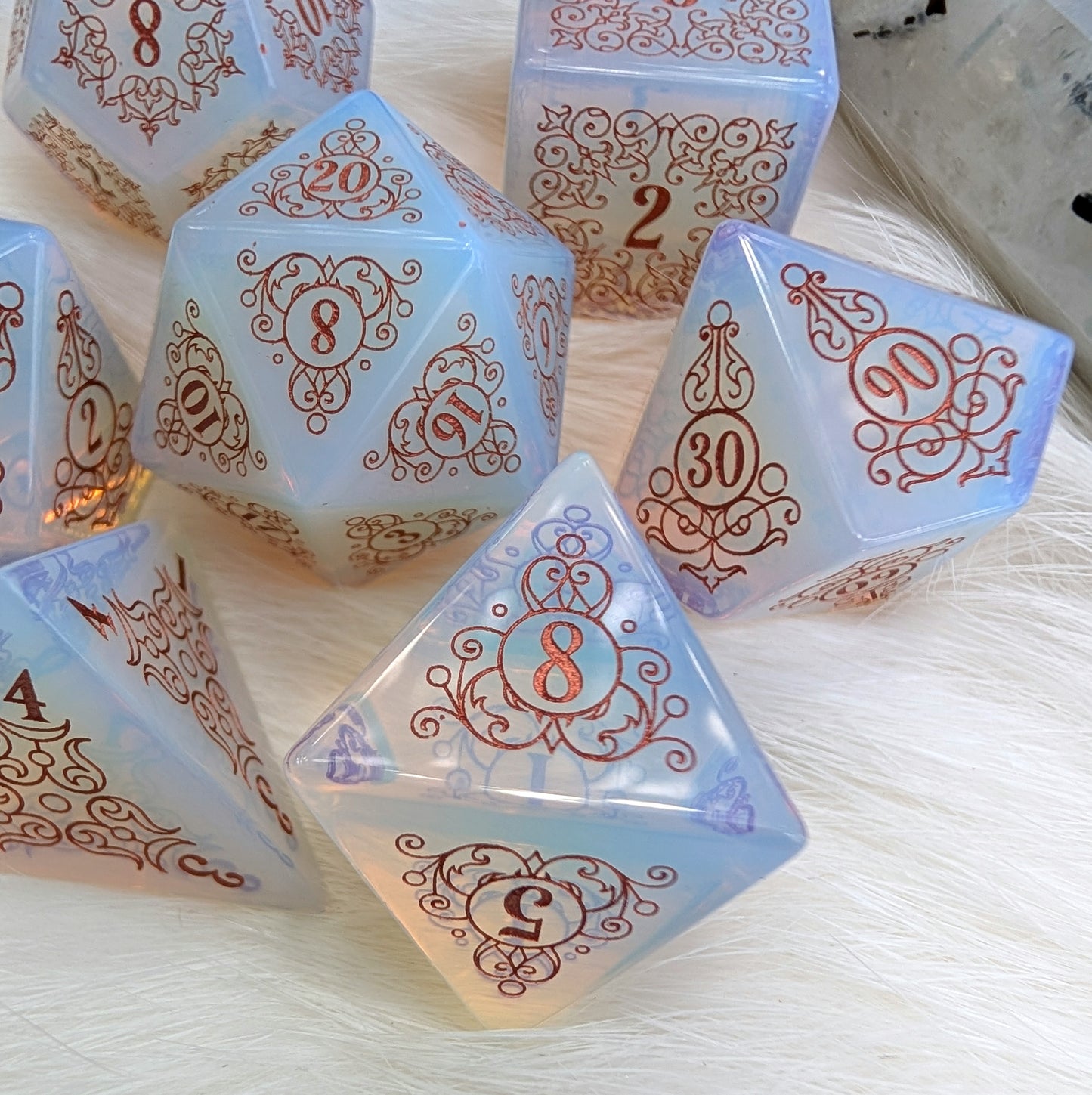Garden Gate Opalite Gemstone DnD Dice with Copper Font | Fennek & Finch