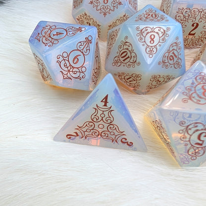 Garden Gate Opalite Gemstone DnD Dice with Copper Font | Fennek & Finch