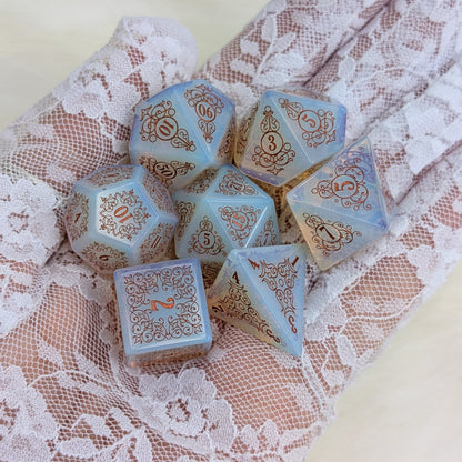 Garden Gate Opalite Gemstone DnD Dice with Copper Font | Fennek & Finch