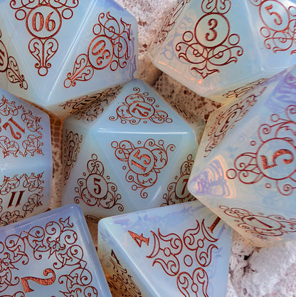 Garden Gate Opalite Gemstone DnD Dice with Copper Font | Fennek & Finch