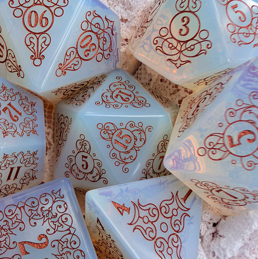 Garden Gate Opalite Gemstone DnD Dice with Copper Font | Fennek & Finch