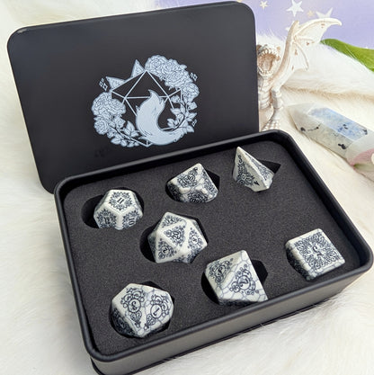 Garden Gate White Howlite Gemstone Dice Set with Black Font | Fennek & Finch