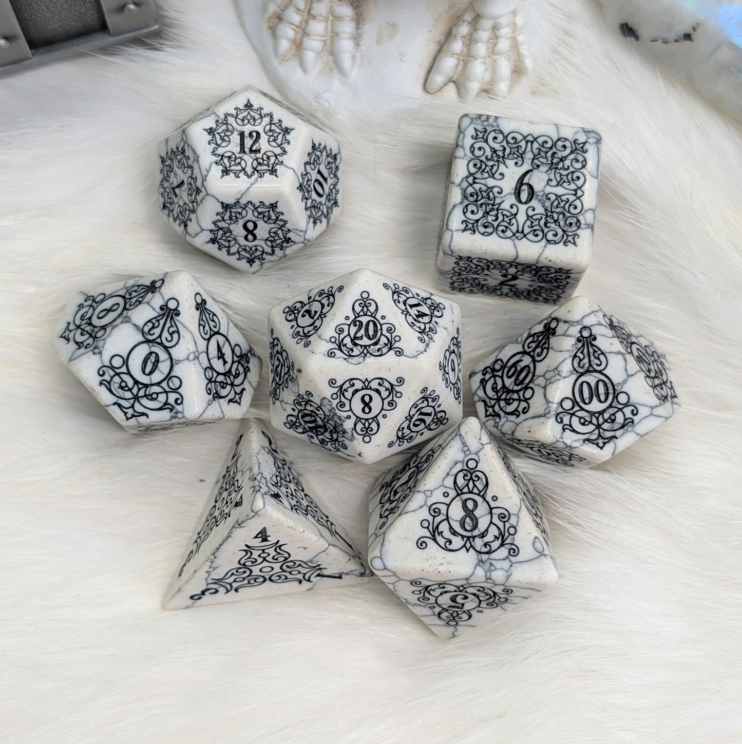 Garden Gate White Howlite Gemstone Dice Set with Black Font | Fennek & Finch