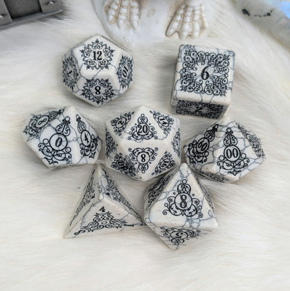 Garden Gate White Howlite Gemstone Dice Set with Black Font | Fennek & Finch