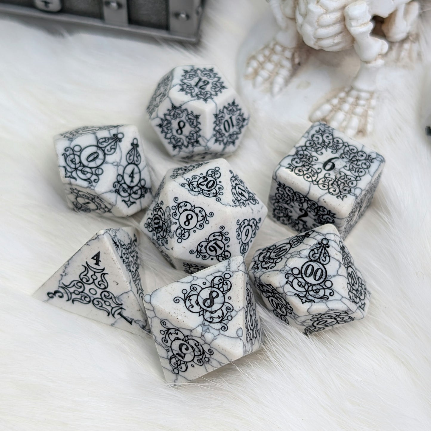 Garden Gate White Howlite Gemstone Dice Set with Black Font | Fennek & Finch