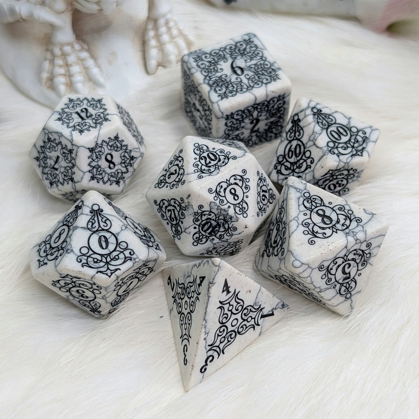 Garden Gate White Howlite Gemstone Dice Set with Black Font | Fennek & Finch