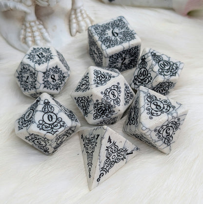 Garden Gate White Howlite Gemstone Dice Set with Black Font | Fennek & Finch