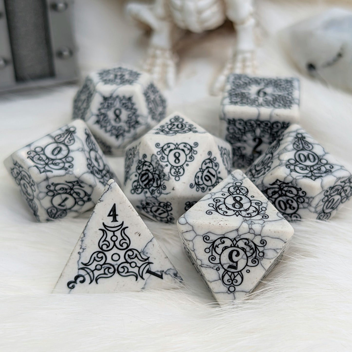 Garden Gate White Howlite Gemstone Dice Set with Black Font | Fennek & Finch