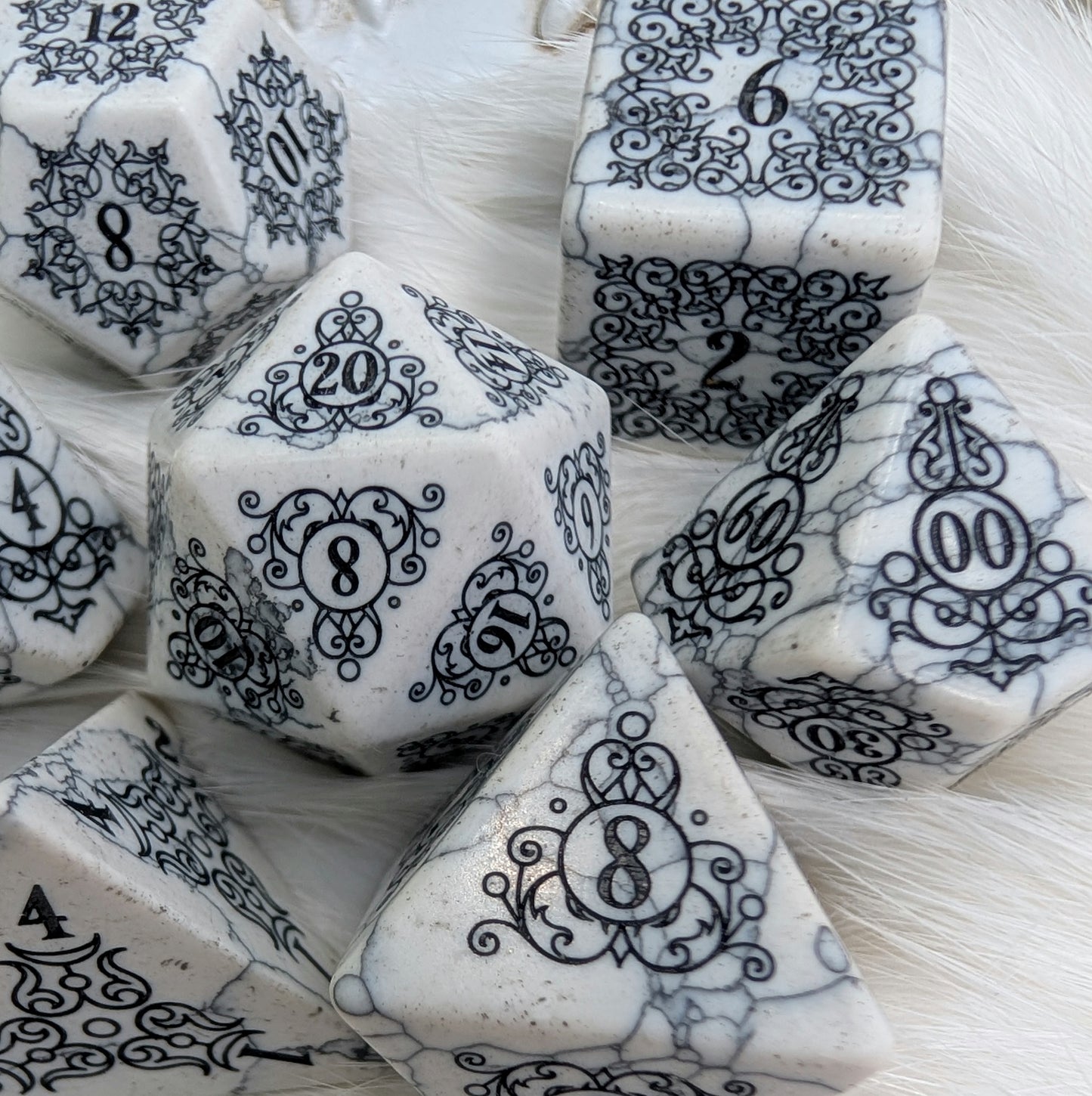Garden Gate White Howlite Gemstone Dice Set with Black Font | Fennek & Finch