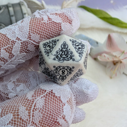 Garden Gate White Howlite Gemstone Dice Set with Black Font | Fennek & Finch
