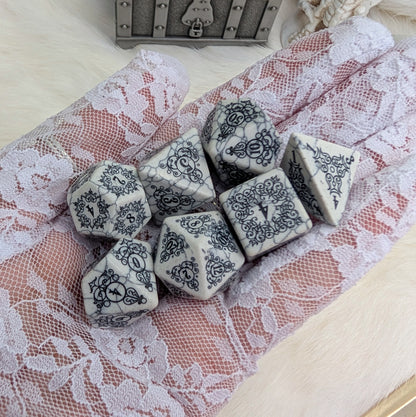 Garden Gate White Howlite Gemstone Dice Set with Black Font | Fennek & Finch