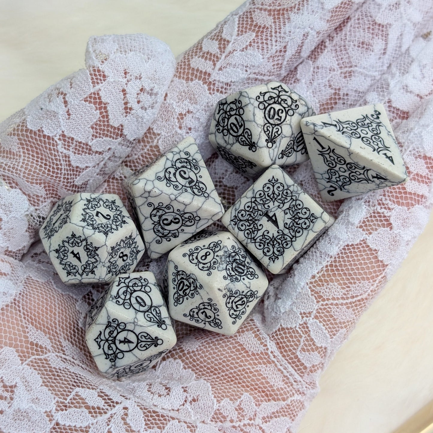 Garden Gate White Howlite Gemstone Dice Set with Black Font | Fennek & Finch