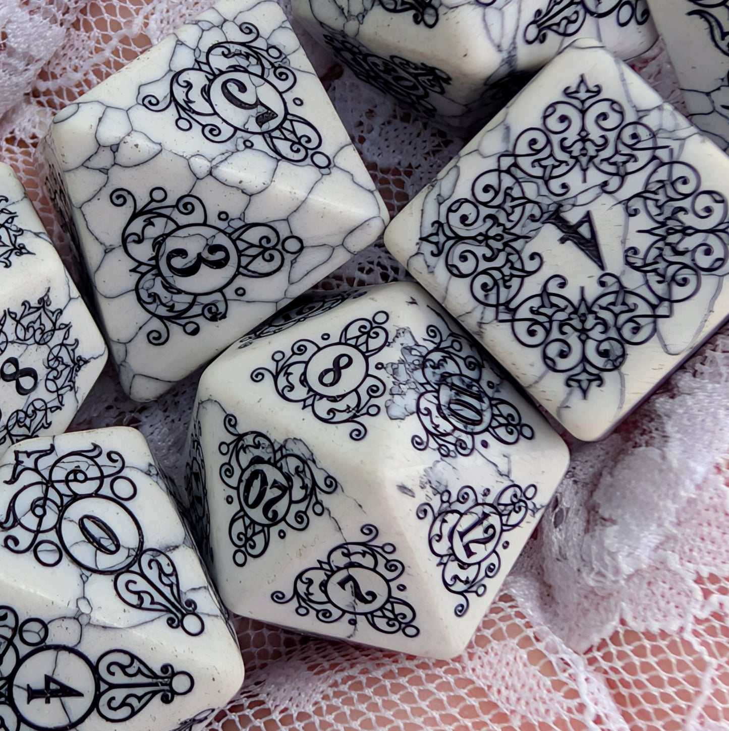 Garden Gate White Howlite Gemstone Dice Set with Black Font | Fennek & Finch
