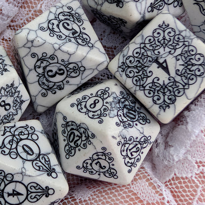Garden Gate White Howlite Gemstone Dice Set with Black Font | Fennek & Finch