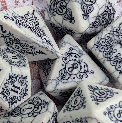 Garden Gate White Howlite Gemstone Dice Set with Black Font | Fennek & Finch