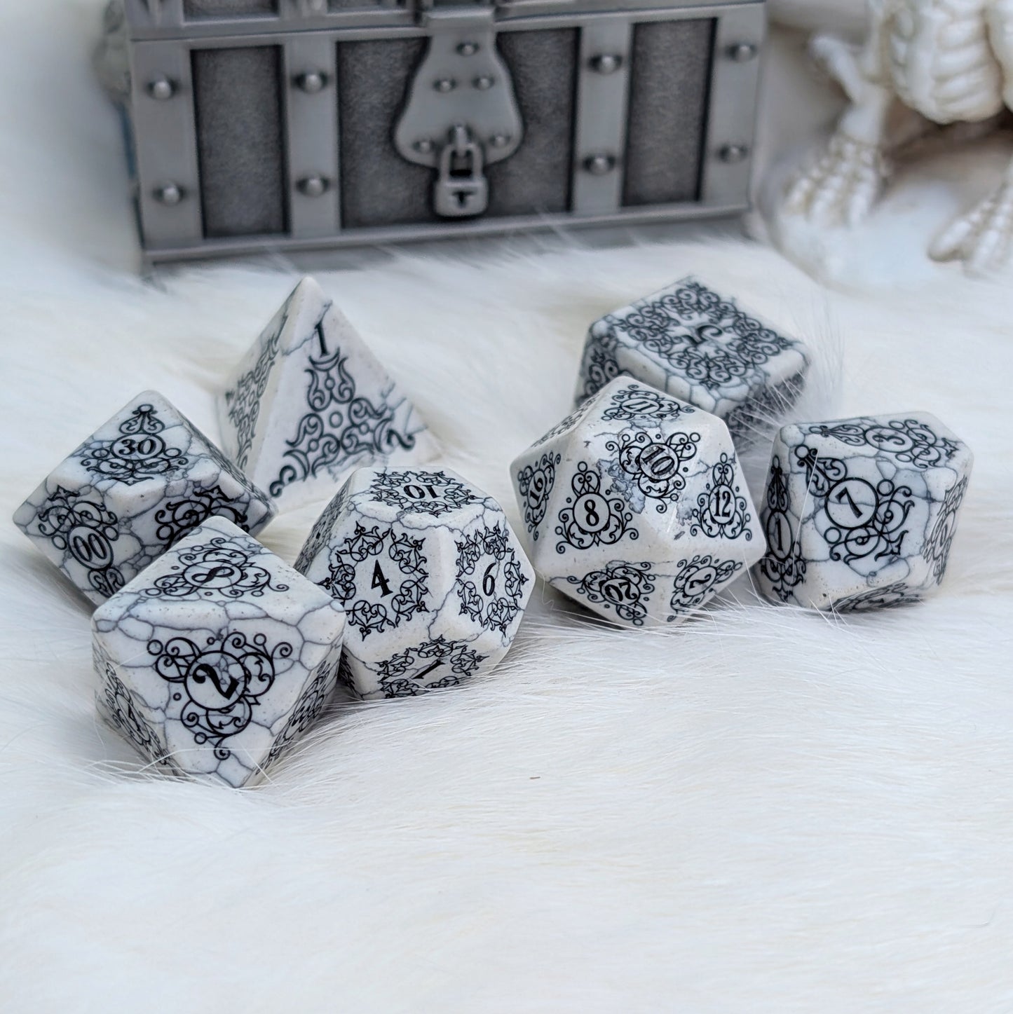 Garden Gate White Howlite Gemstone Dice Set with Black Font | Fennek & Finch