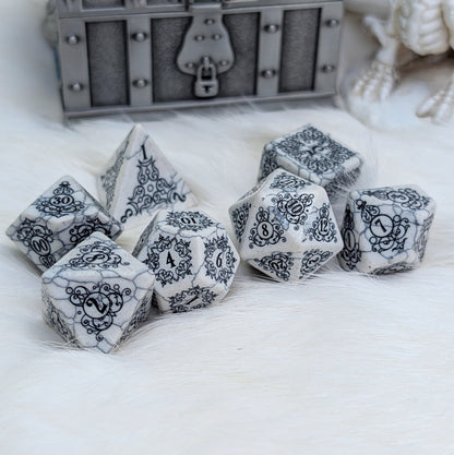 Garden Gate White Howlite Gemstone Dice Set with Black Font | Fennek & Finch
