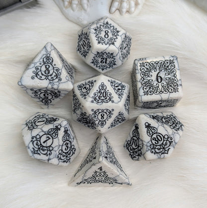 Garden Gate White Howlite Gemstone Dice Set with Black Font | Fennek & Finch