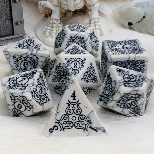 Garden Gate White Howlite Gemstone Dice Set with Black Font | Fennek & Finch