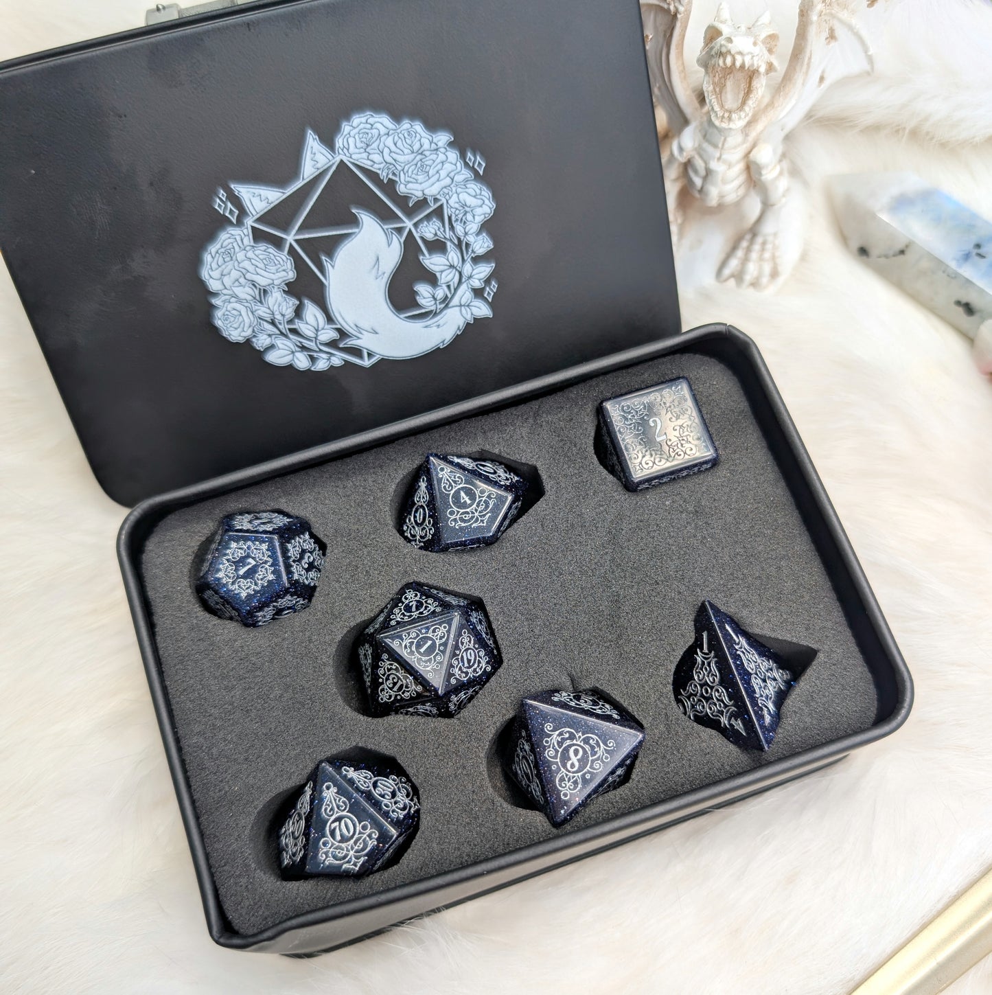 Garden Gate Blue Goldstone Gemstone Dice Set with Silver Font | Fennek & Finch