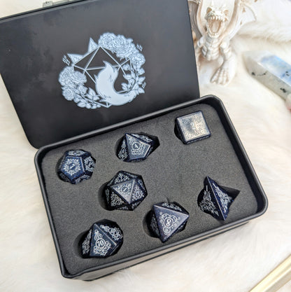 Garden Gate Blue Goldstone Gemstone Dice Set with Silver Font | Fennek & Finch