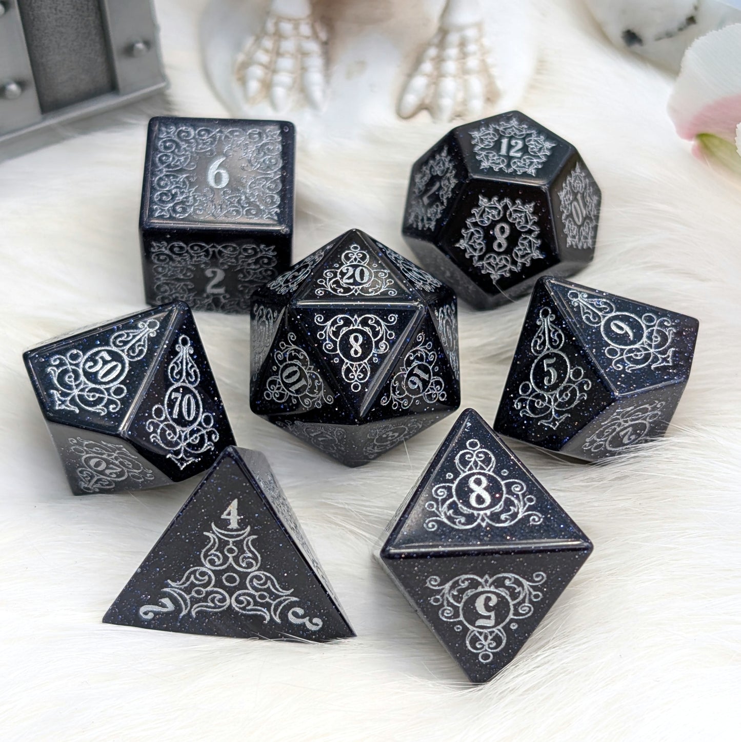 Garden Gate Blue Goldstone Gemstone Dice Set with Silver Font | Fennek & Finch