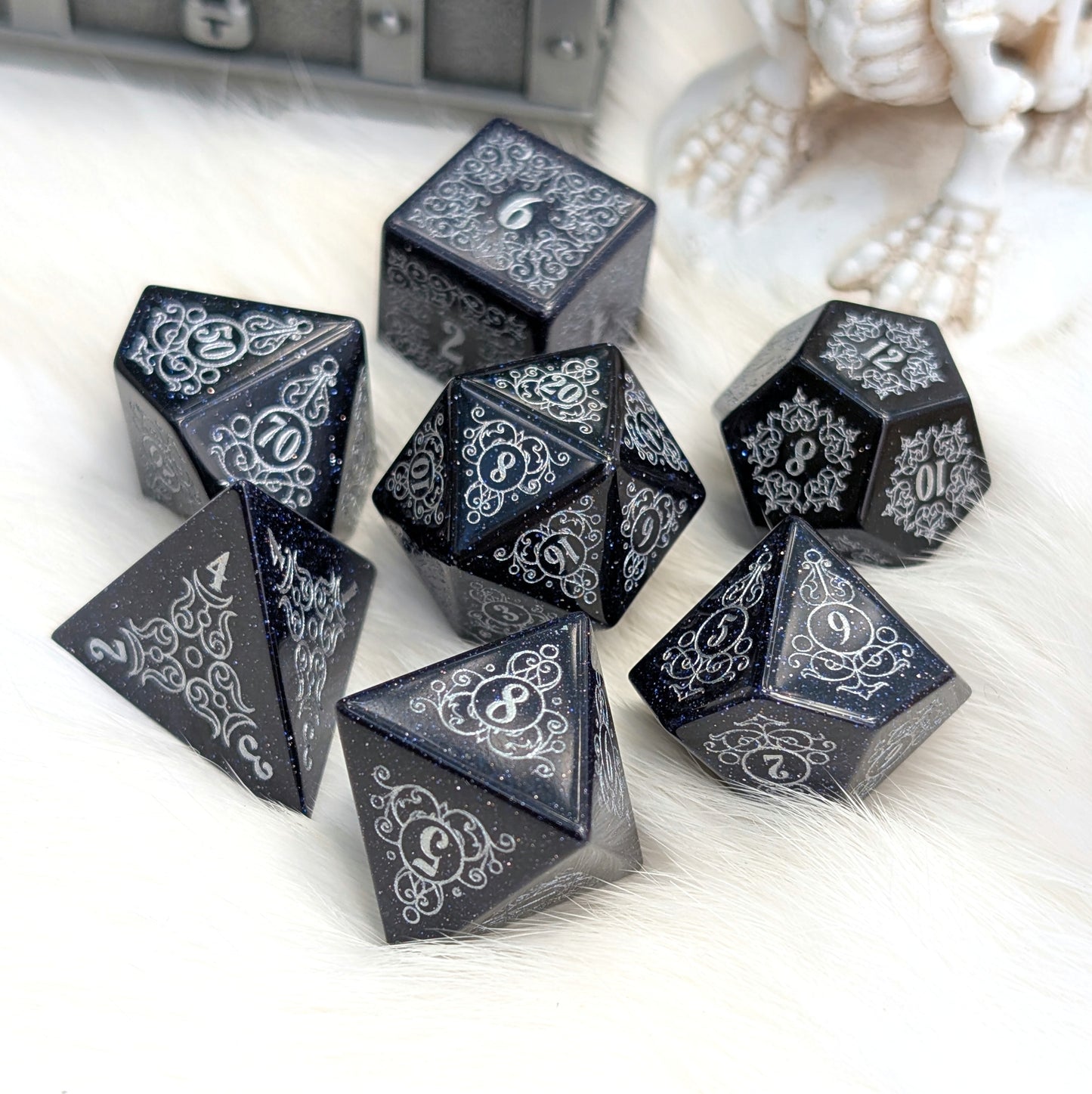 Garden Gate Blue Goldstone Gemstone Dice Set with Silver Font | Fennek & Finch