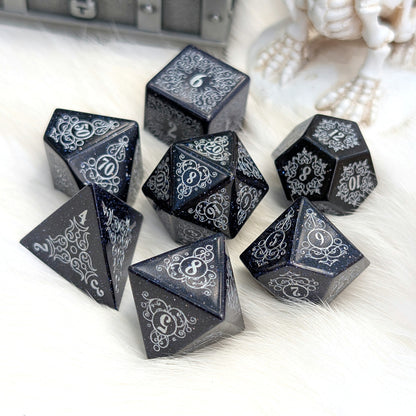 Garden Gate Blue Goldstone Gemstone Dice Set with Silver Font | Fennek & Finch