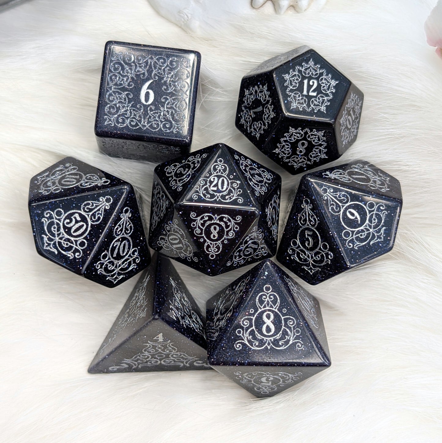 Garden Gate Blue Goldstone Gemstone Dice Set with Silver Font | Fennek & Finch
