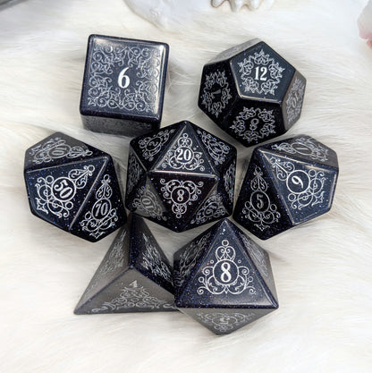 Garden Gate Blue Goldstone Gemstone Dice Set with Silver Font | Fennek & Finch