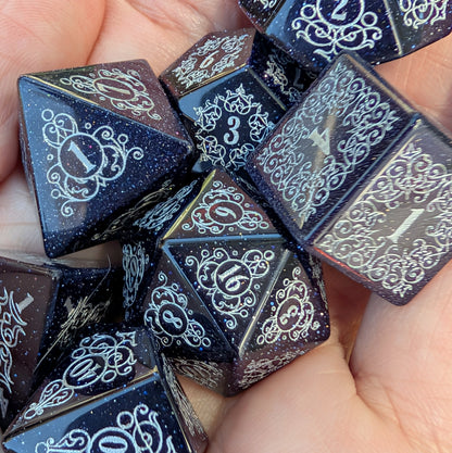 Garden Gate Blue Goldstone Gemstone Dice Set with Silver Font | Fennek & Finch