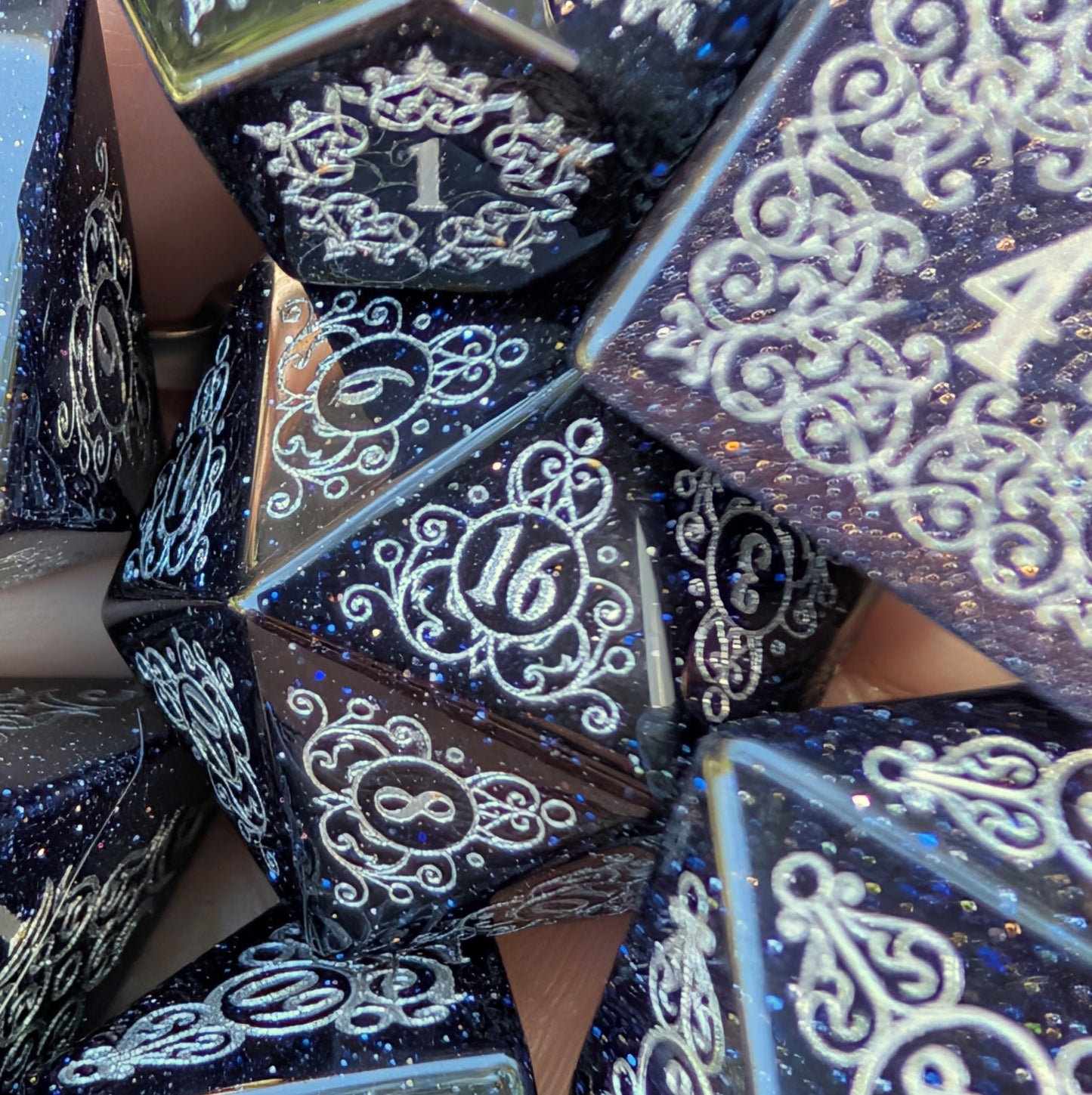 Garden Gate Blue Goldstone Gemstone Dice Set with Silver Font | Fennek & Finch