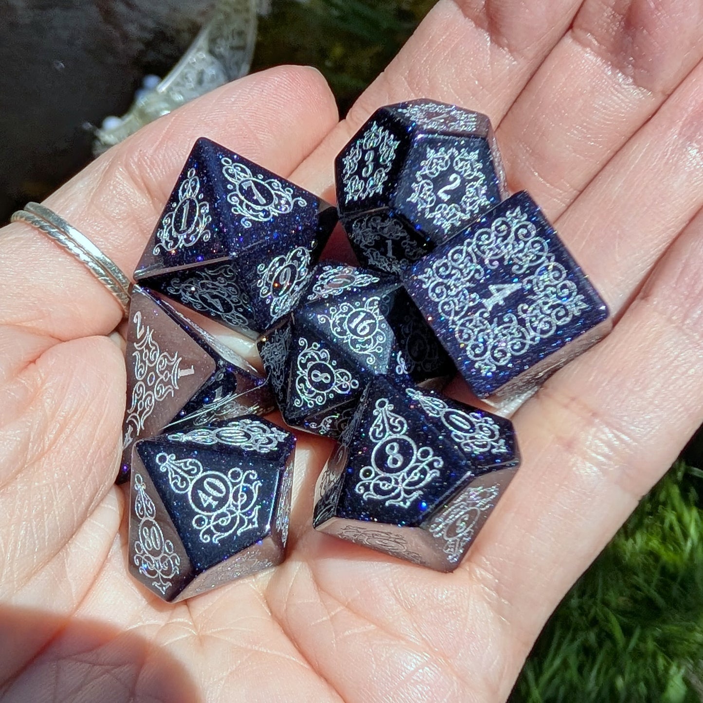 Garden Gate Blue Goldstone Gemstone Dice Set with Silver Font | Fennek & Finch
