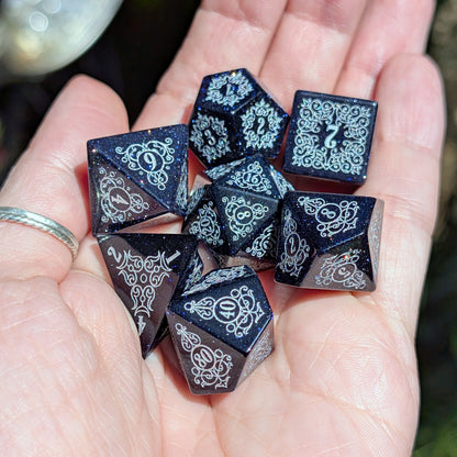 Garden Gate Blue Goldstone Gemstone Dice Set with Silver Font | Fennek & Finch