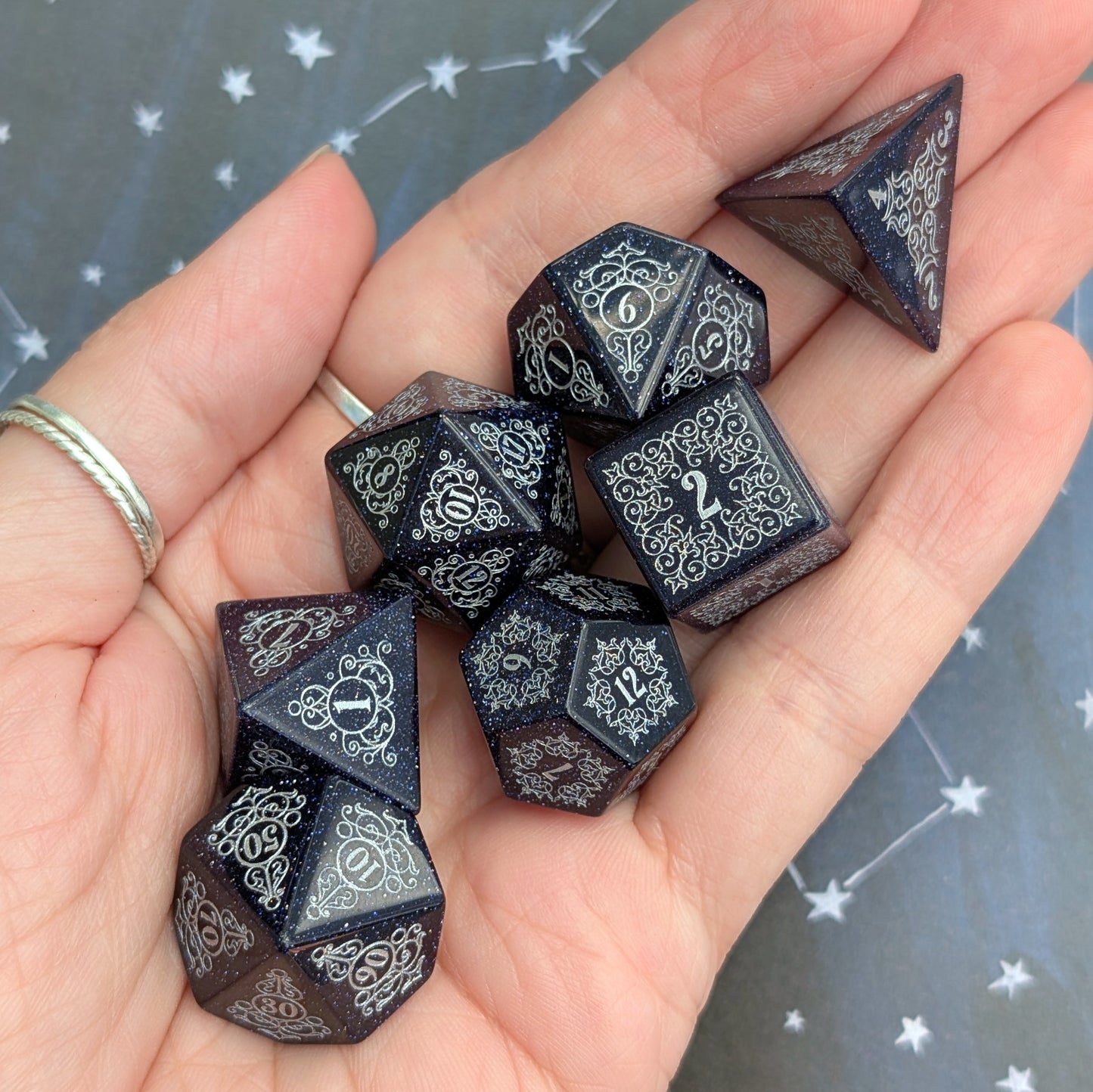Garden Gate Blue Goldstone Gemstone Dice Set with Silver Font | Fennek & Finch