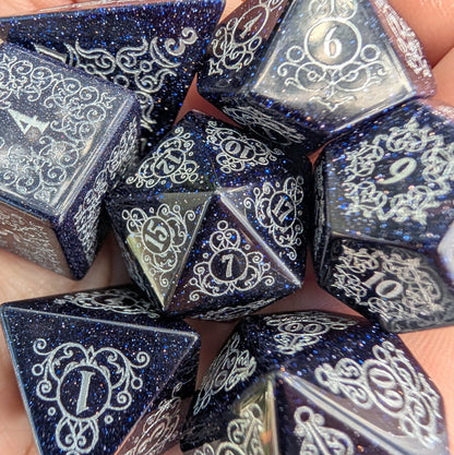 Garden Gate Blue Goldstone Gemstone Dice Set with Silver Font | Fennek & Finch