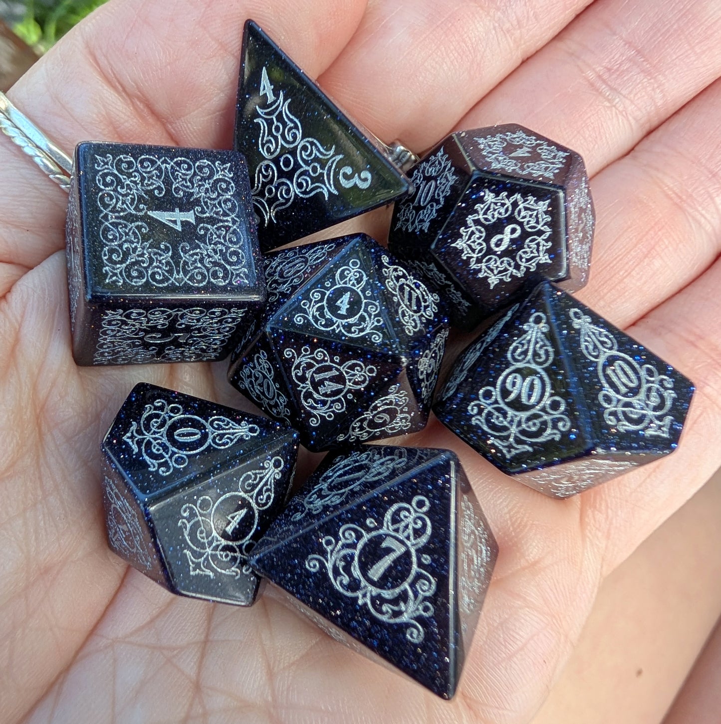 Garden Gate Blue Goldstone Gemstone Dice Set with Silver Font | Fennek & Finch
