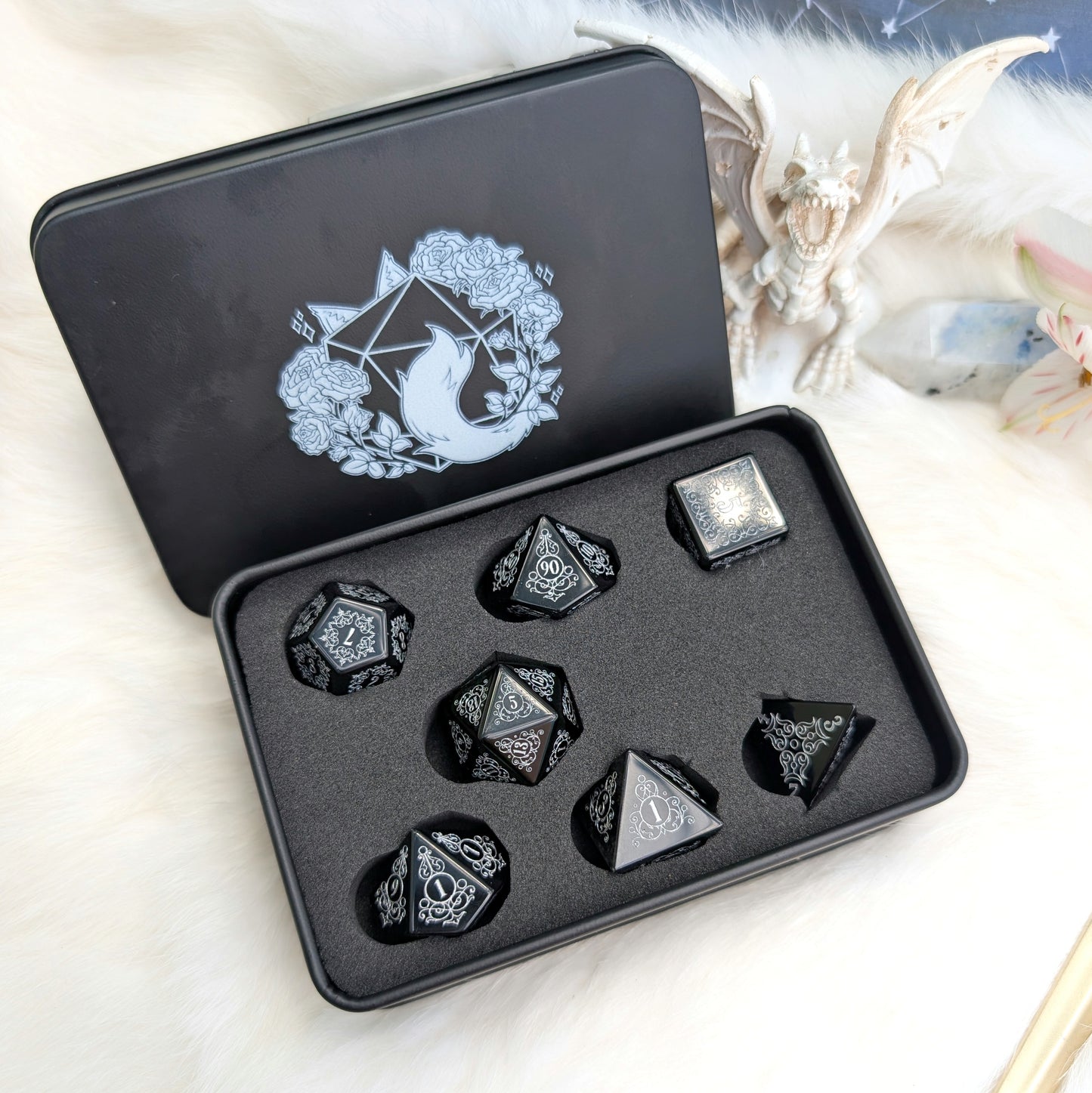 Garden Gate Obsidian Gemstone Dice Set with Silver Font | Fennek & Finch