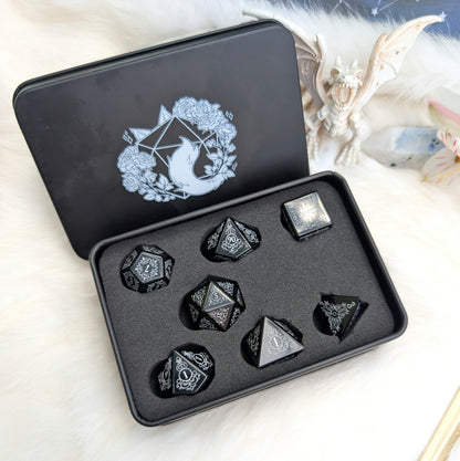 Garden Gate Obsidian Gemstone Dice Set with Silver Font | Fennek & Finch