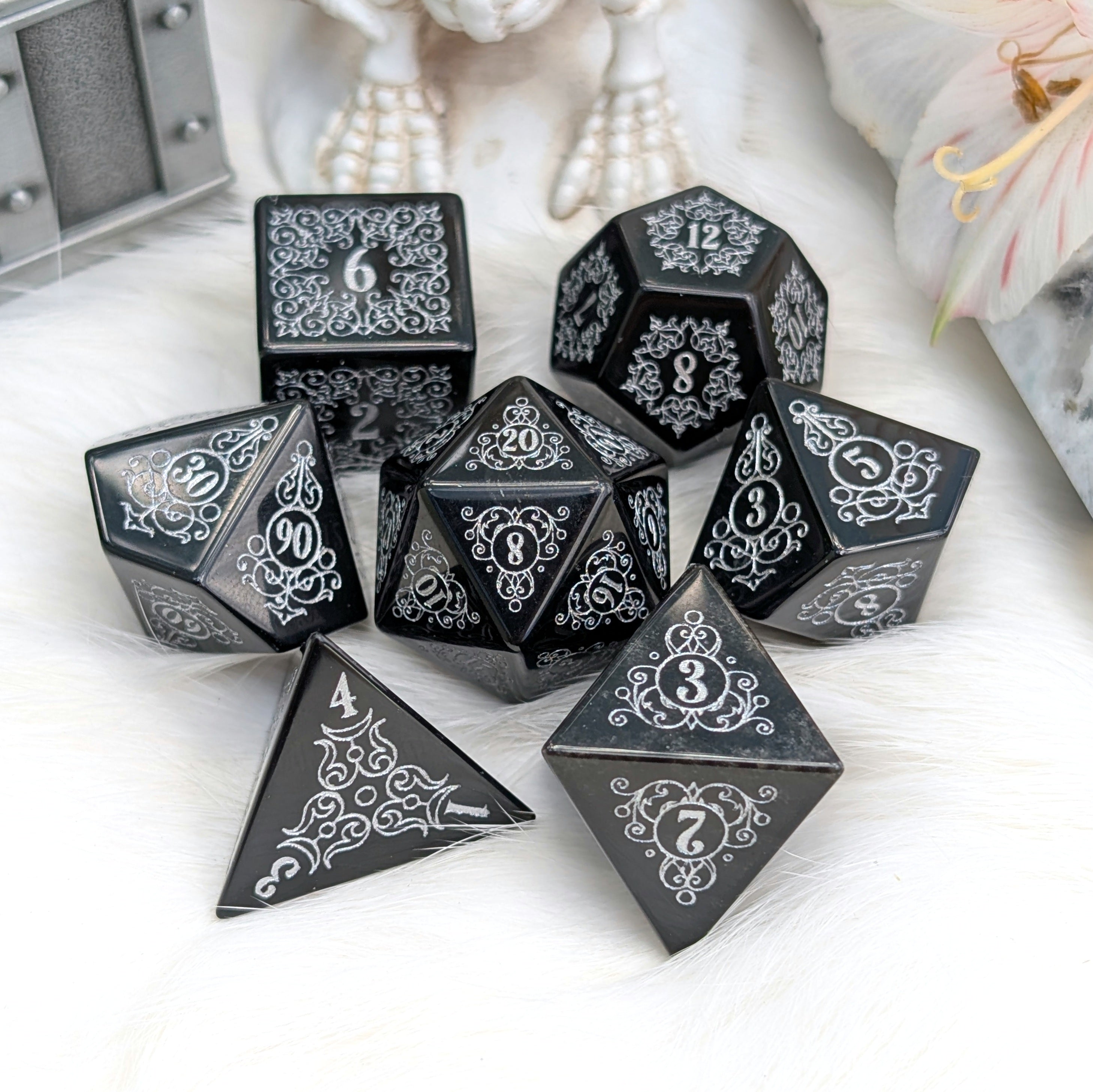 Garden Gate Obsidian Dice Set with Silver Font | Fennek & Finch