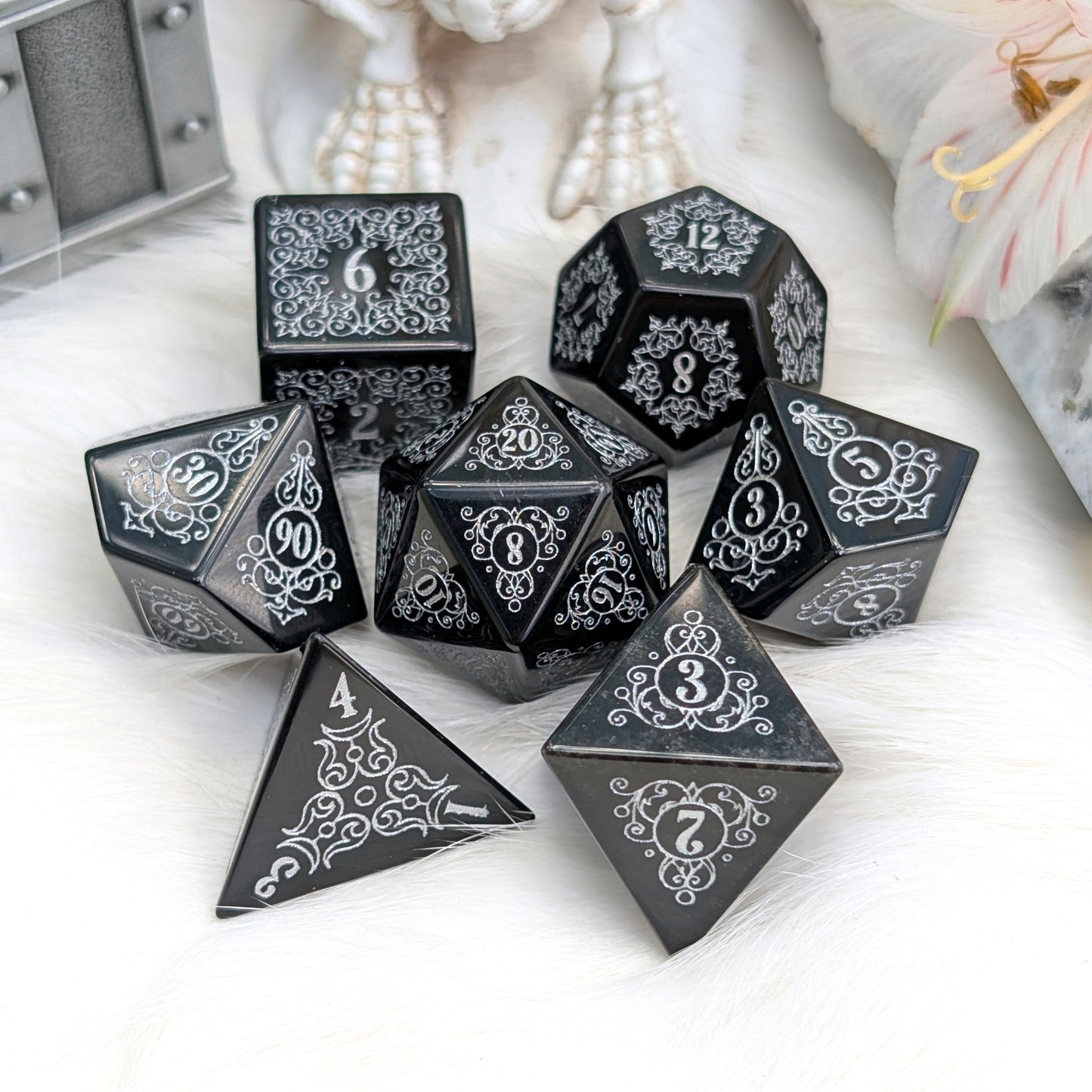 Garden Gate Obsidian Gemstone Dice Set with Silver Font | Fennek & Finch