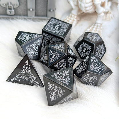 Garden Gate Obsidian Gemstone Dice Set with Silver Font | Fennek & Finch